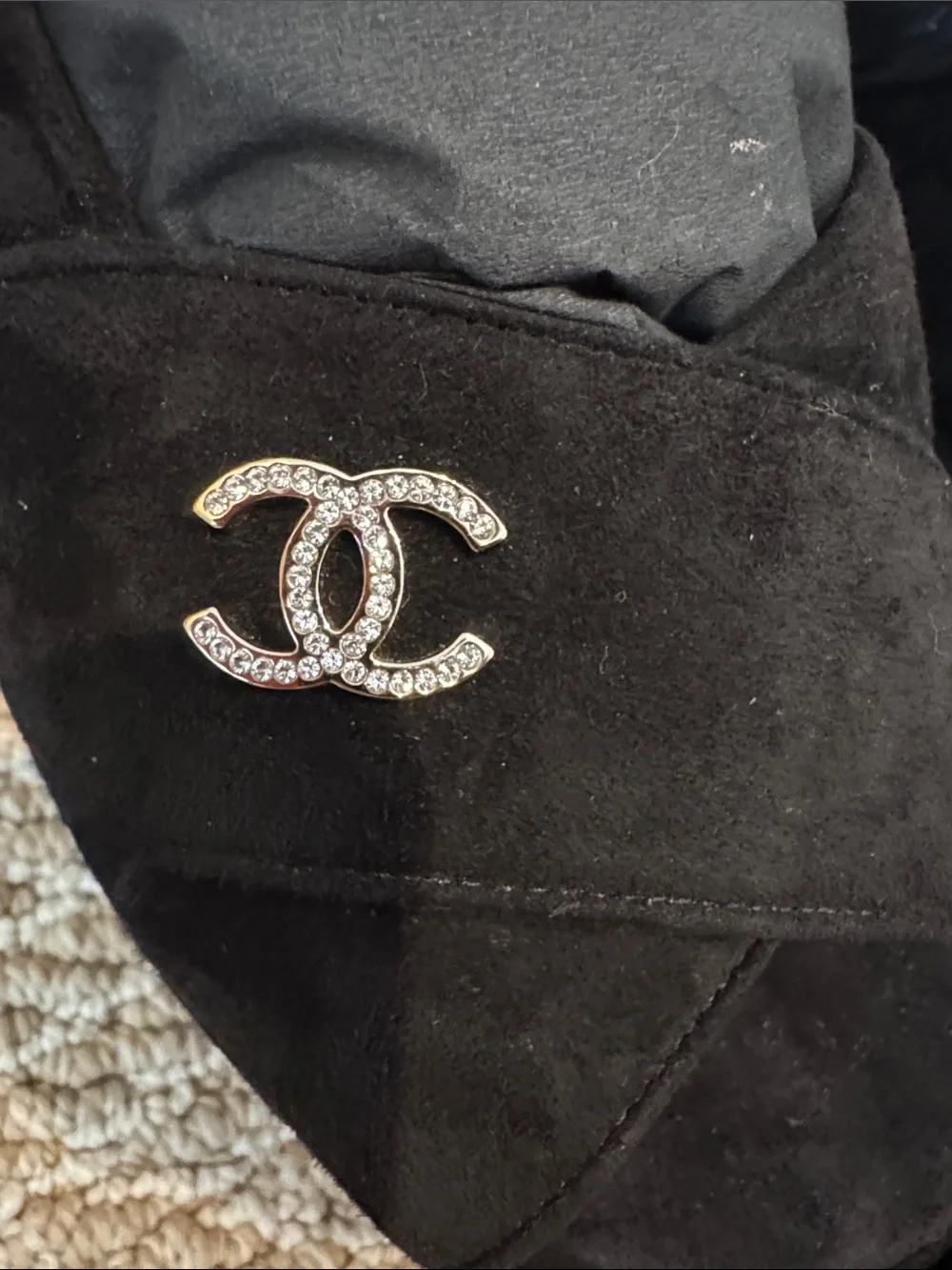 CHANEL Black Suede Slingback platform Sandals with rhinestone CC and Buckle